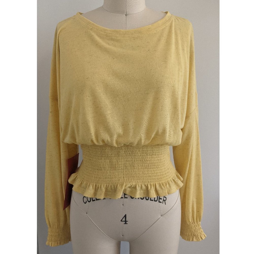 BCBGMAXAZRIA Yellow Knit Long Sleeve Smocked Top Size S
